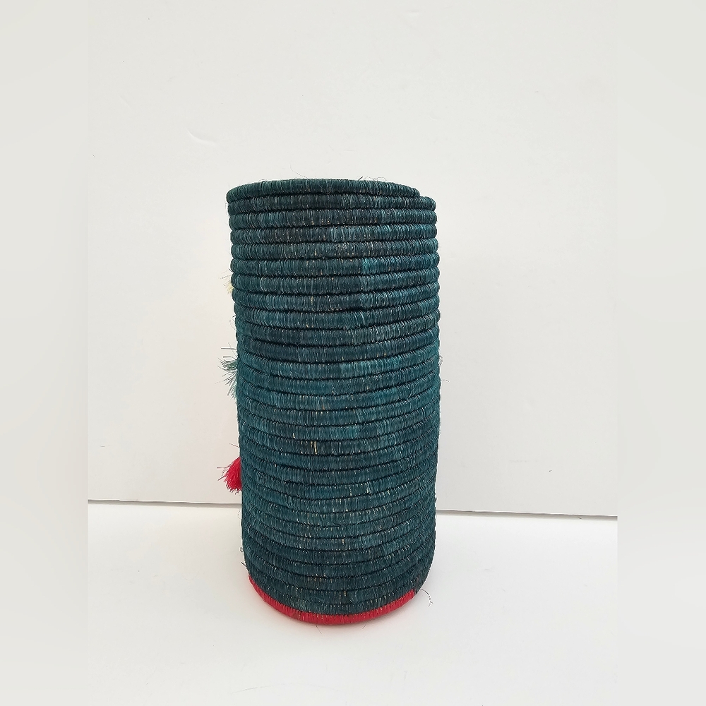 Handmade Rwandan Coiled Sisal Basket Vase Teal with Layered Tassels Boho Art - Picture 2 of 6